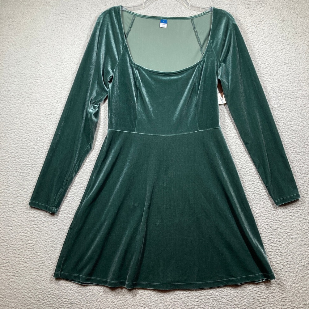 Old Navy Flare Mini Dress Women M Green Velvet Square Neck Long Sleeve 520139-01